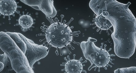 Obraz premium Microscopic view of virus particles infecting bacterial cells