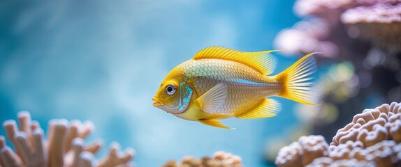 Obraz premium Yellow fish swimming over coral on display with mystical blue background