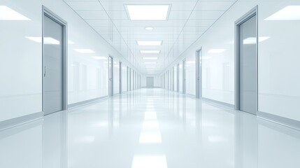A clinic hallway with white walls, medical doors, and a bright, clean floor. Empty and professional.