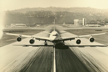 Vintage Black and White Image of Airplane on Runway with Mountains in Background