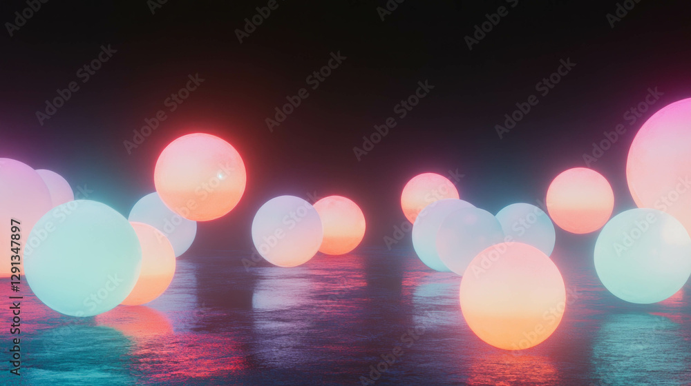 Poster glowing neon orbs floating in dark background for futuristic design