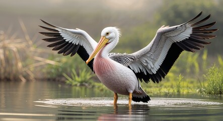 Fototapeta premium Majestic Dalmatian Pelican with Wings Extended Over Calm Water in Natural Wetland Habitat - Perfect for Bird Lovers and Wildlife Enthusiasts