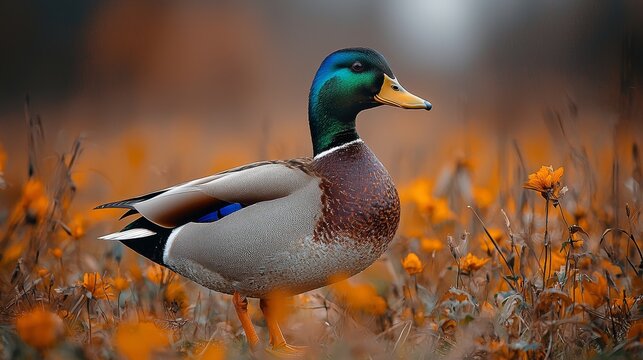 A vibrant mallard duck standing gracefully among a field of bright orange flowers in a serene autumn setting - Powered by Adobe