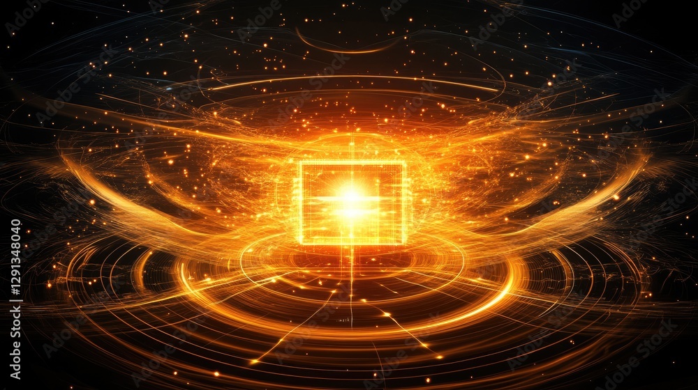 Poster a conceptual image of quantum computing, with a glowing chip surrounded by digital energy waves.