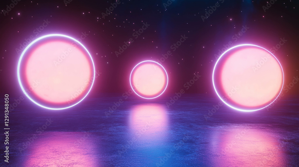 Poster mystical neon orbs floating in cosmic darkness with starry reflections