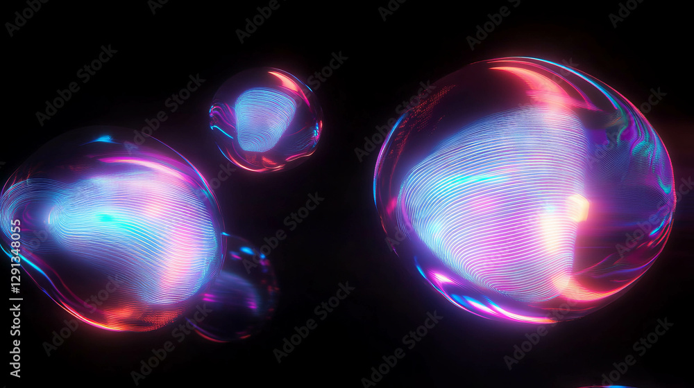Poster futuristic neon orbs floating in a dark atmosphere for digital art or background design