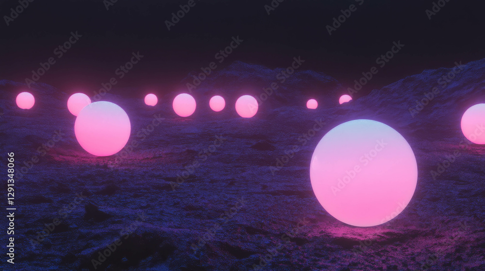 Poster surreal landscape of floating neon orbs in dark atmosphere for futuristic design concepts
