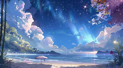 Beautiful Blue Skies with Nature, Bright Moon ,Cloud ,Beach scenery, Tree, night -Anime concept Background