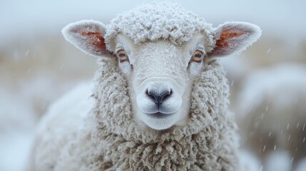 A fluffy sheep covered in snow poses warmly amidst a winter landscape, showcasing its soft wool and beautiful eyes.