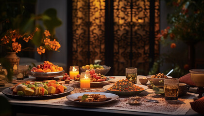 Fototapeta premium Candlelit Dinner Table with Middle Eastern Cuisine
