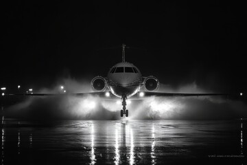 Majestic Aircraft Illuminated by Night Lights on Rain-Slicked Runway with Dramatic Splash Effects