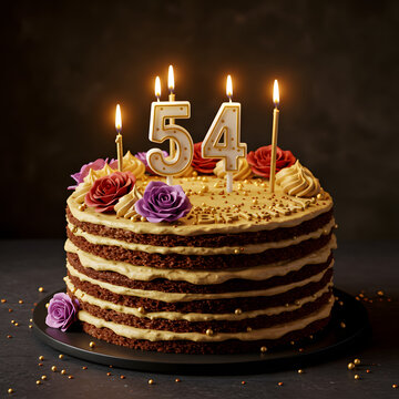 fifty four years old birthday cake with candles 