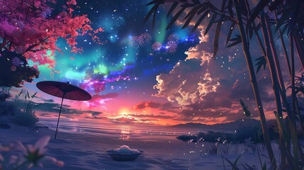 Obraz premium Beautiful Blue Skies with Nature, Bright Moon ,Cloud ,Beach scenery, Tree, night -Anime concept Background