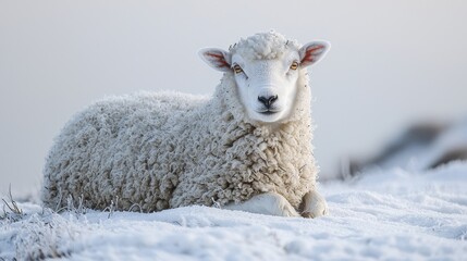Fototapeta premium A fluffy sheep resting in the snow-covered landscape, surrounded by a serene winter environment, showcasing its charm and beauty.