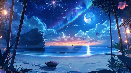 Beautiful Blue Skies with Nature, Bright Moon ,Cloud ,Beach scenery, Tree, night -Anime concept Background