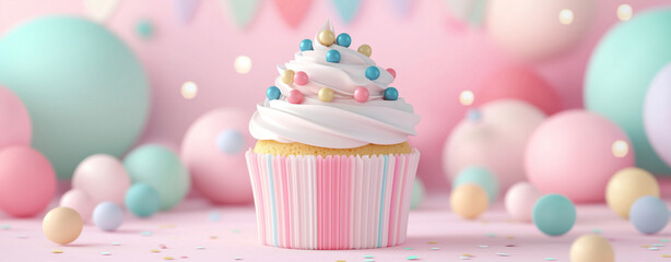 Delightful cupcake with colorful frosting and decorations on pastel background, perfect for celebrations and parties