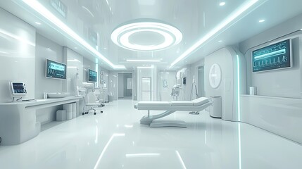 A futuristic healthcare environment with smart medical devices, white surfaces, and digital monitors.