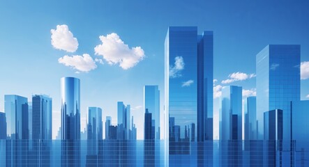 Modern Urban Skyline with Glass Windows and Clear Blue Sky.