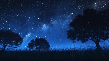 Beautiful Blue Skies with Nature, Bright Moon ,Cloud ,Beach scenery, Tree, night -Anime concept Background