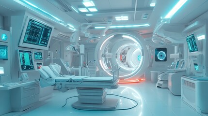 A futuristic hospital technology hub with smart medical monitors, bright sterile lighting, and white high-tech design.