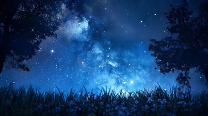 Fototapeta premium Beautiful Blue Skies with Nature, Bright Moon ,Cloud ,Beach scenery, Tree, night -Anime concept Background