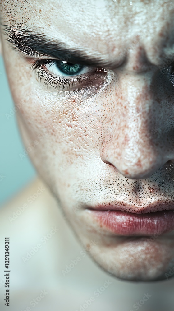 Poster intense close-up of a man's face, showcasing striking freckles and a determined expression, highligh