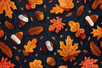 Playful autumn leaves and acorns, flat illustration, bright colors, whimsical design perfect for children's book covers, focus cover all object, deep dept of field. MZ 