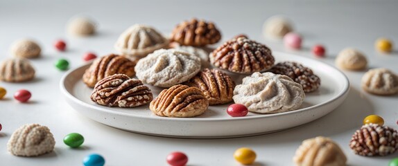 Sweet Nut Pastries with Candies on White Plate