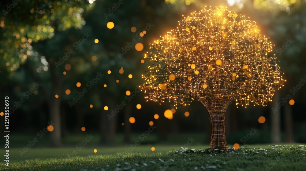 Poster a glowing digital tree made of interconnected circuits, symbolizing the future of artificial nature.