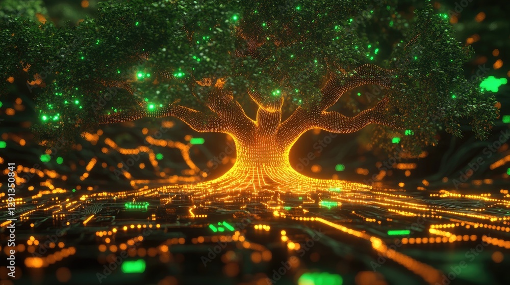 Poster a glowing digital tree made of interconnected circuits, symbolizing the future of artificial nature.