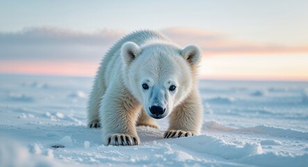 Adorable Polar Bear Cub Rolling in Snowy Arctic Landscape.
