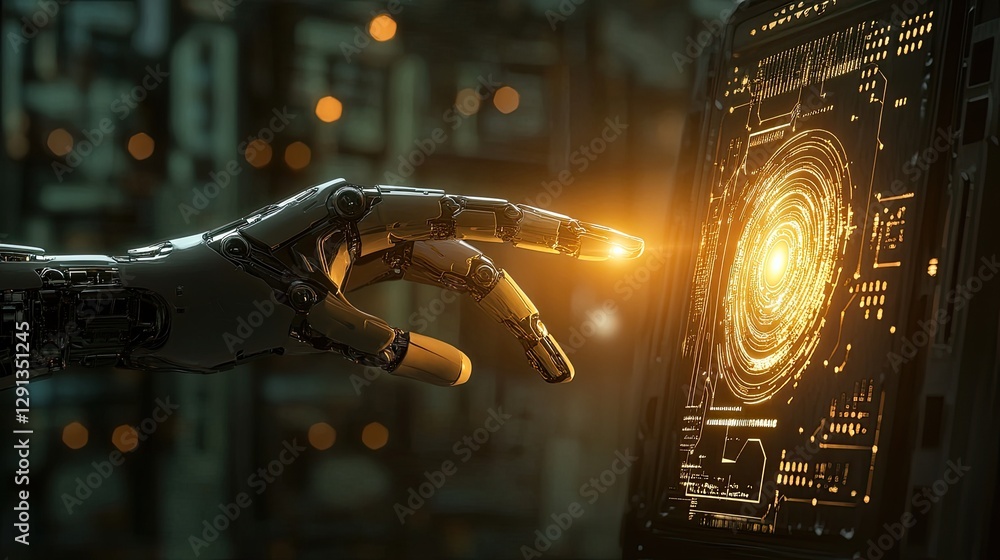 Poster a high-tech robotic hand reaching out towards a glowing digital interface in a dark room.