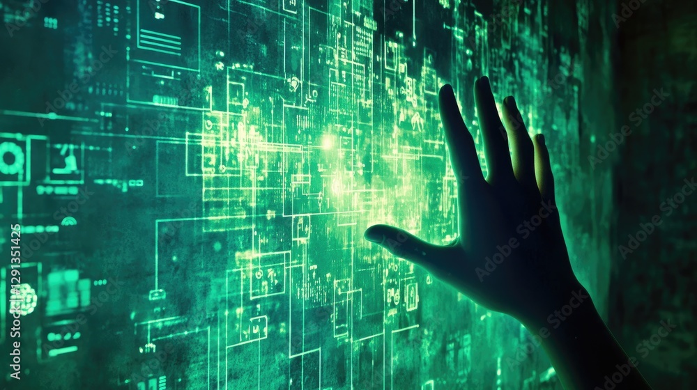 Poster a high-tech robotic hand reaching out towards a glowing digital interface in a dark room.