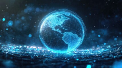Obraz premium A holographic Earth projection spinning in a futuristic research lab with blue glowing lights.