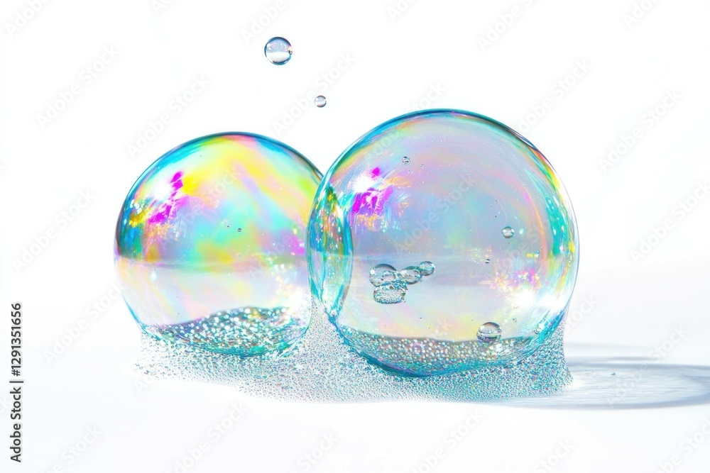Poster two iridescent soap bubbles floating in the air with a splash of water, creating a fresh and vibrant