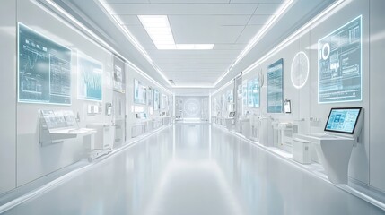 Obraz premium A medical research center with bright white walls, digital displays, and futuristic diagnostic stations.
