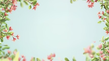 Soft Pink Flowers and Green Leaves Frame on Light Blue Background