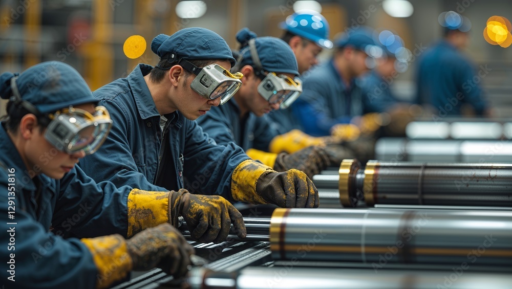 Poster skilled workers assemble metal components in a factory setting during daytime operations