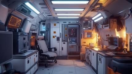 A mobile emergency medical unit with white sterile interiors, bright lighting, and advanced diagnostic equipment.