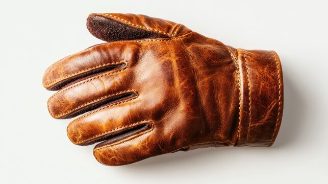This image features a vintage brown leather glove, showcasing its unique texture and aged charm, perfect for adding a touch of rustic elegance to any outfit.