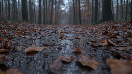 Autumn path through misty forest, fallen leaves, water puddles