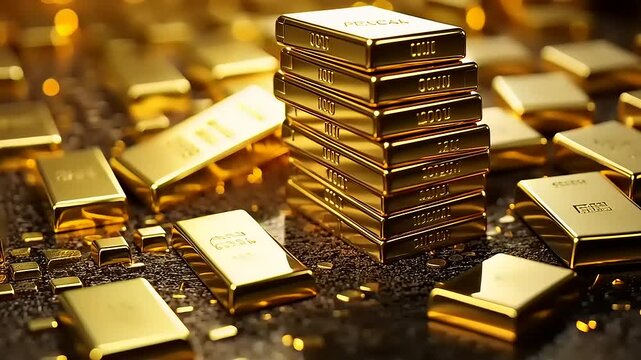 A collection of gold bars stacked on a reflective surface with scattered gold particles.