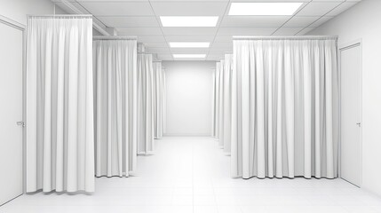A row of empty white hospital cubicles separated by clean curtains, bright and professional.