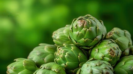 Obraz premium This close-up image features artichokes showcasing their intricate details and rich green hues, artistically presented against a blurred green background.
