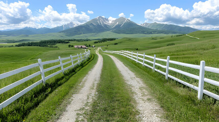 Ranch driveway leads to mountain view, summer
