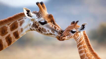 A heartwarming scene of two giraffes sharing a gentle moment, bathed in the warm glow of the sunset, showcasing the beauty of animal connections in nature.