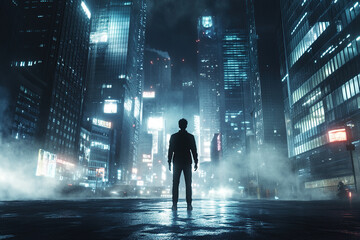 Fototapeta premium Silhouette in Futuristic Cityscape
