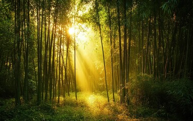 Obraz premium Dense bamboo forest with soft golden light streaming through the trees