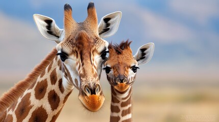 Obraz premium An artistic portrayal of a mother giraffe and her young one gazing towards the camera, framed beautifully by the blurred background of their natural habitat.