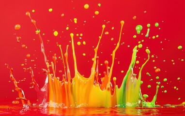 Colorful splashes and droplets on bright red background